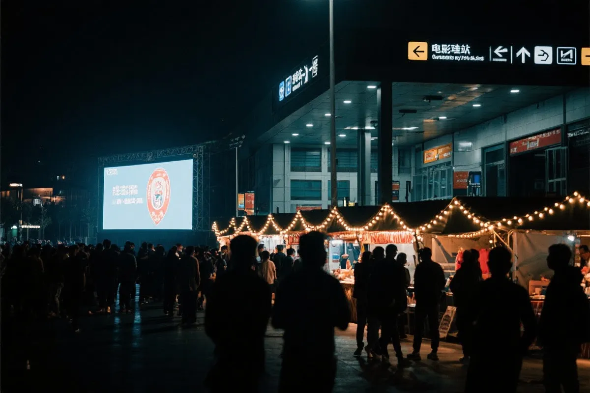 费城球迷广场夜景：大屏观赛人群、步行指示牌与公共交通入口